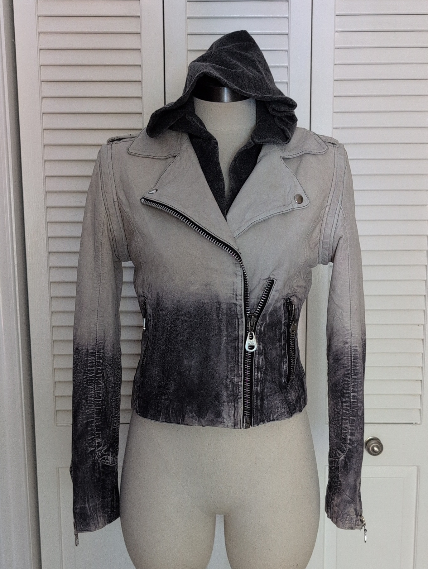 Doma Genuine Leather Gray-To-Charcoal Hooded Leather Moto Jacket, Size S